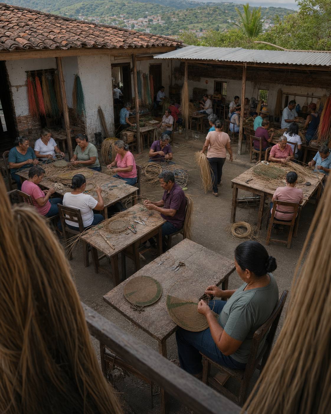 Taller comunitario con varias personas tejiendo alrededor de mesas.