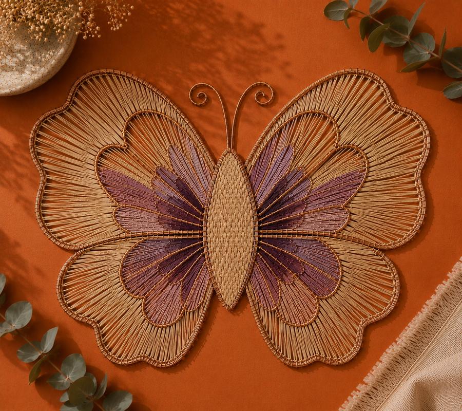 Mariposa tejida en palma de iraca sobre fondo naranja.