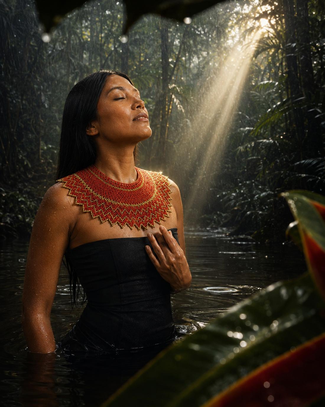 Mujer con una gargantilla tejida en mostacillas, entre la vegetación de un río colombiano.