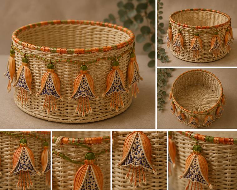 Canasta tejida en palma con detalles en naranja.