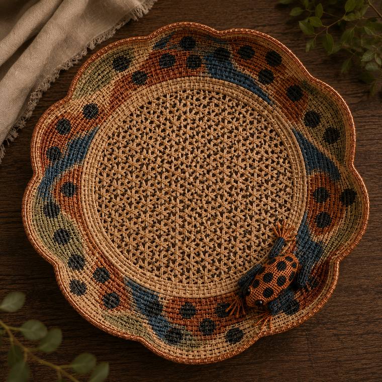 Individual tejido con borde ondulado en azul y terracota.