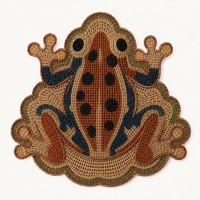 Individual con forma de rana tejido en palma, en azul y terracota.