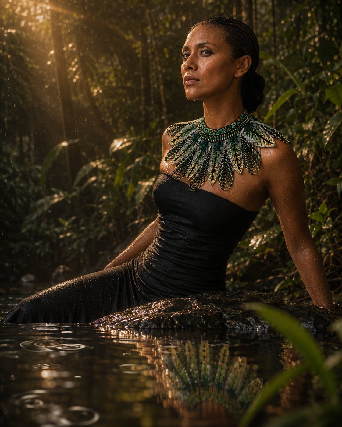 Mujer con gargantilla tejida, sentada junto a un río en el bosque.