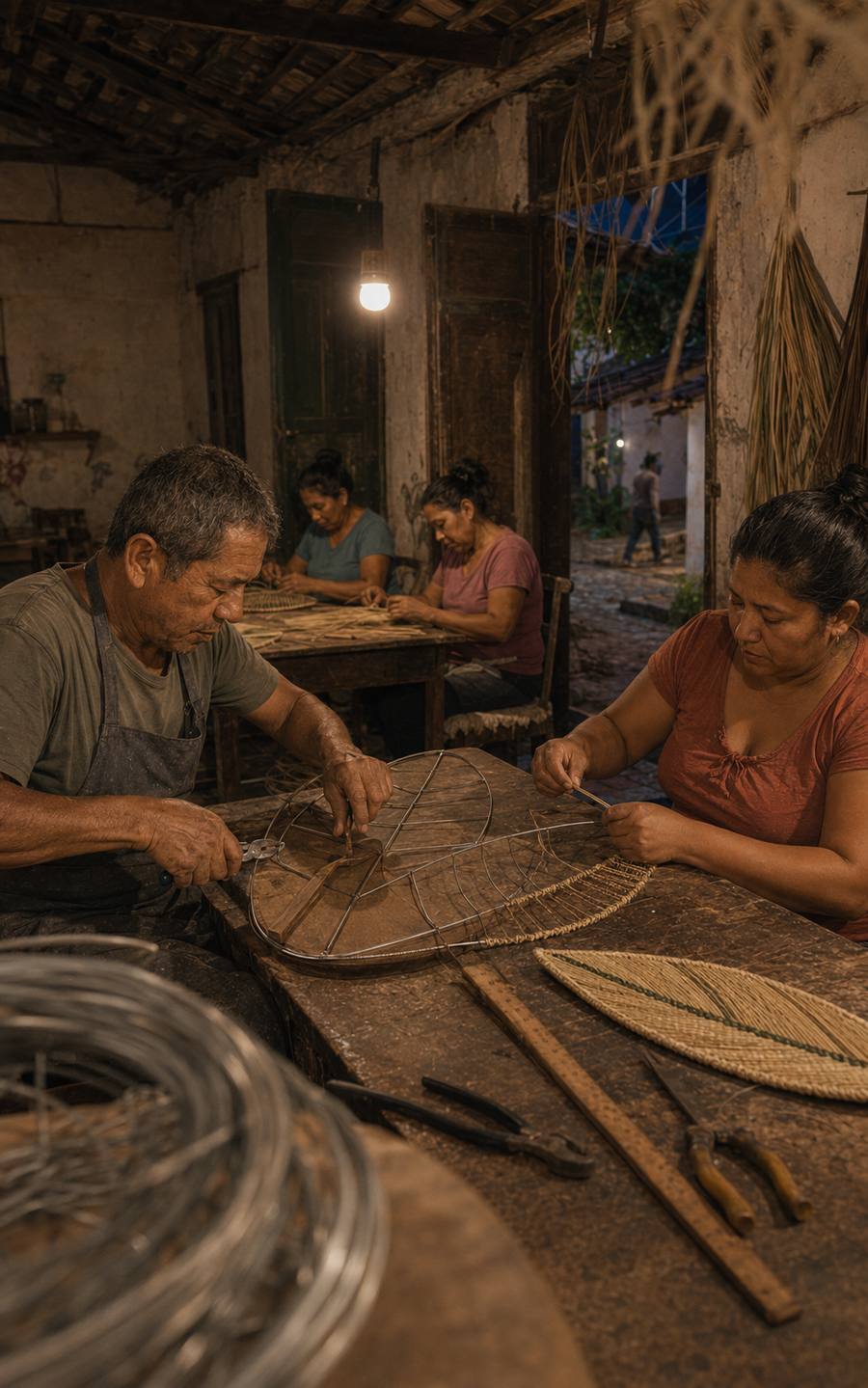 Grupo de artesanos tejiendo palma alrededor de una mesa de trabajo.