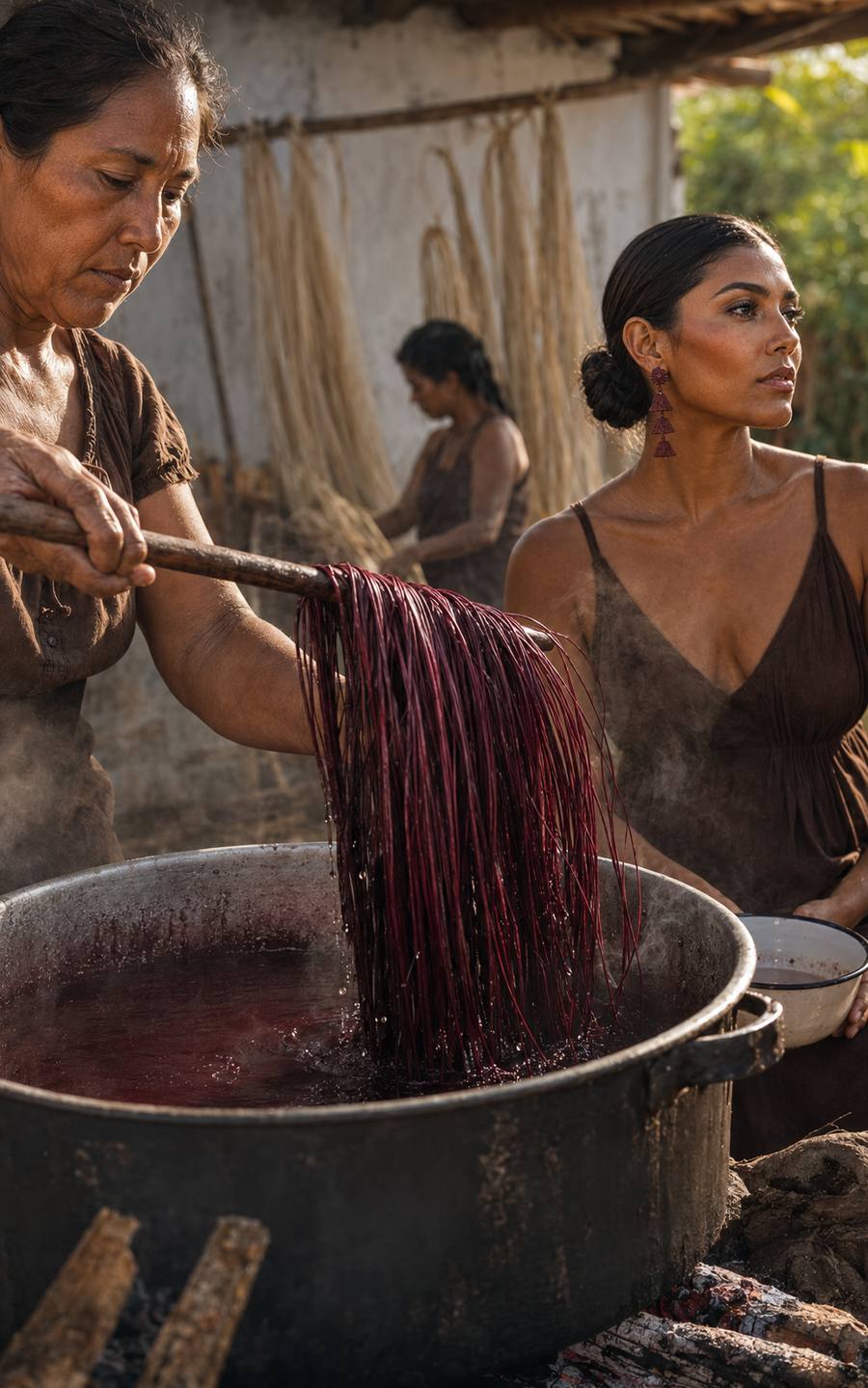 Artesana tiñendo fibras en una olla con tinte natural.